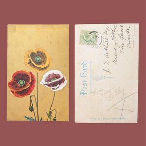 6/$15 Antique Gilded Postmarked Golden Age Floral Postcard Poppies